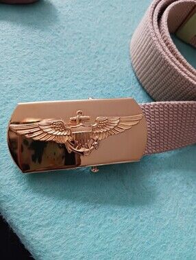 VANGUARD US Military Eagle Belt Buckle , Brass Made In USA Woven Tan Belt 39in